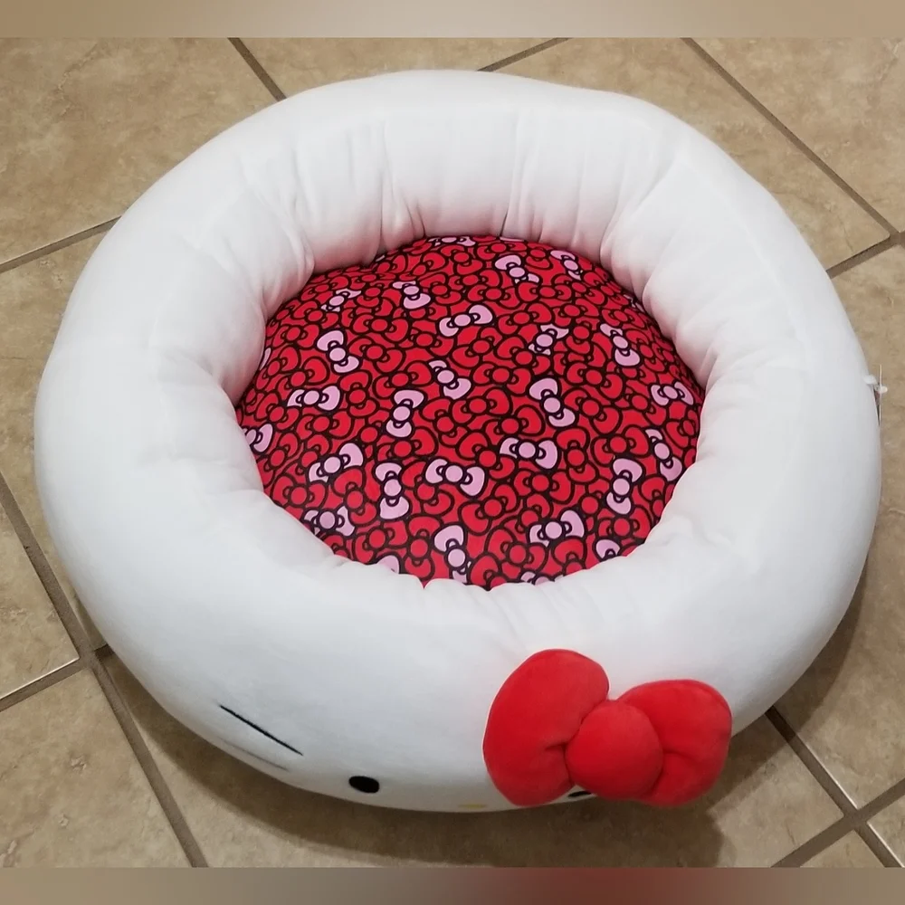 Sanrio Hello Kitty Round White & Red Plush Pet Bed with Removable Pillow
